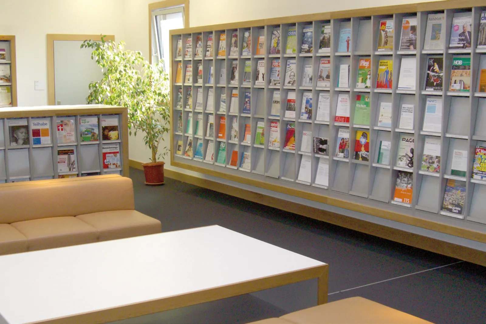 Zeitschriften-Regale mit Design-Holz-Rahmen — Staatliche Studienakademie & Evangelische Hochschule Dresden, Dresden
